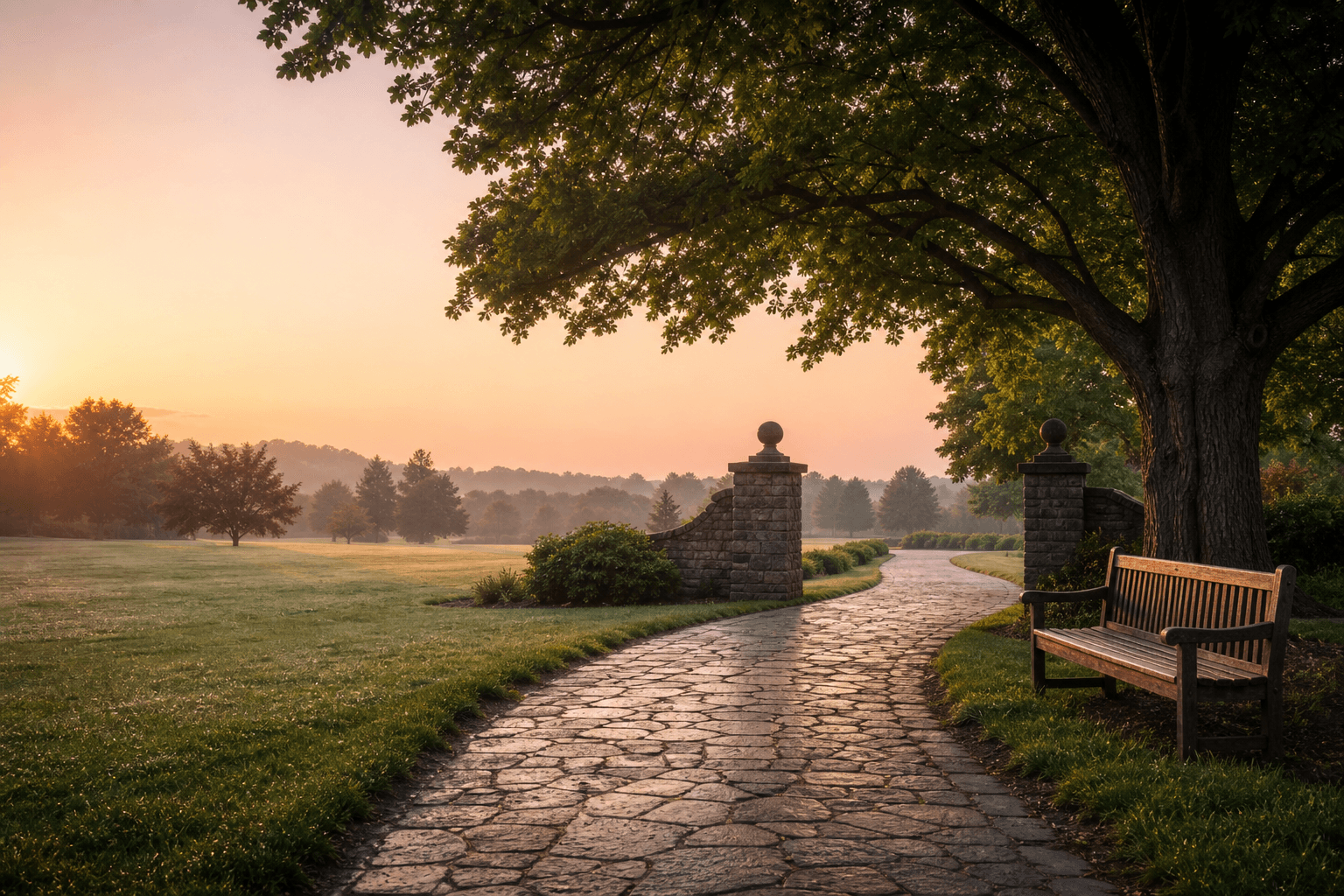 A peaceful path leading into a park at sunrise