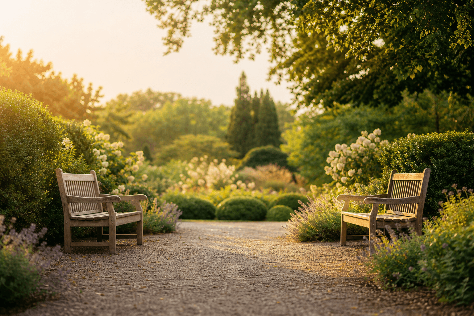 Two empty wooden benches facing each other in a sunlit garden