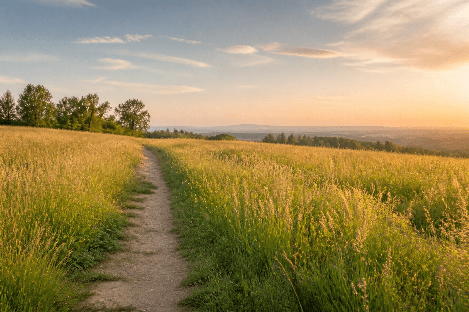 A walking path winding through a sunlit meadow toward an open horizon