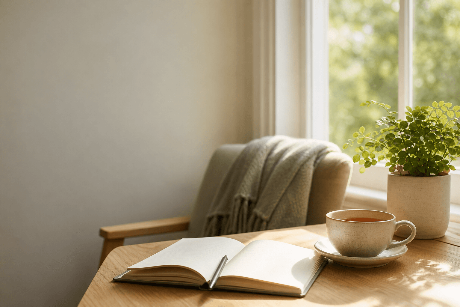 A sunlit reading nook with an open notebook and tea
